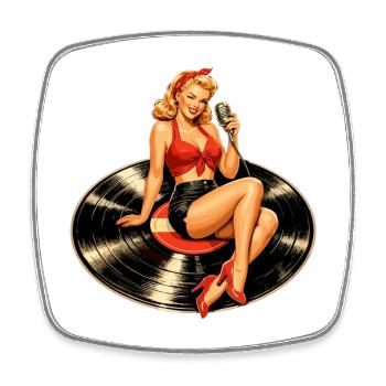 Rockabilly Pin-Up Girl on Vinyl Record - Square fridge magnet - white - Front