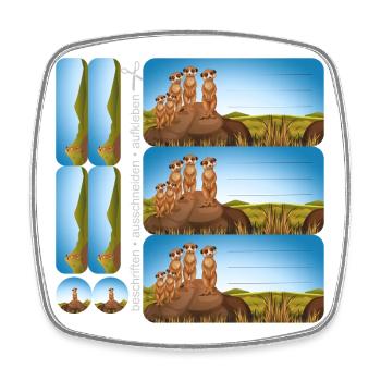 DIY Schulaufkleber Set - Erdmännchen - 9 Sticker - Viereckiger Kühlschrankmagnet - Weiß - Vorne