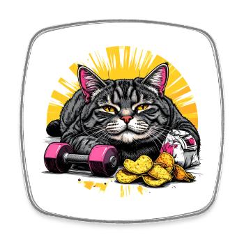 Faule Katze mit Chips und Hanteln - Viereckiger Kühlschrankmagnet - Weiß - Vorne