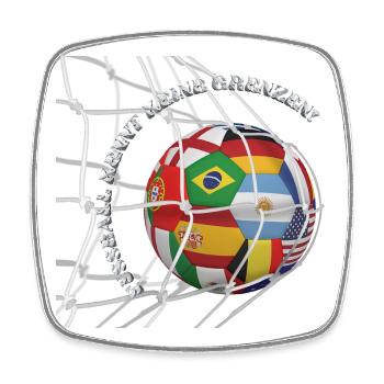 Football knows no boundaries – World ball in the goal net - Square fridge magnet - white - Front