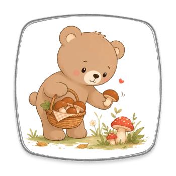 Cute bear picking mushrooms in the forest - Square fridge magnet - white - Front
