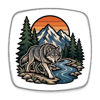 Loup et montagnes au coucher de soleil - Magnet carré - blanc - Devant