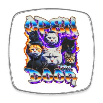 Open the Door — Neon Cat Crew - Square fridge magnet - white - Front