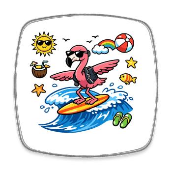Surfer flamingo on wave - Square fridge magnet - white - Front