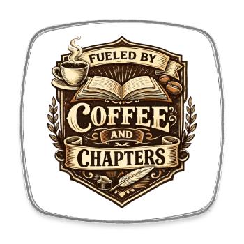 Alimenté par du café et des chapitres | Blason vintage - Magnet carré - blanc - Devant