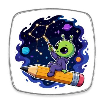 Alien auf Bleistift im Sternenhimmel - Viereckiger Kühlschrankmagnet - Weiß - Vorne