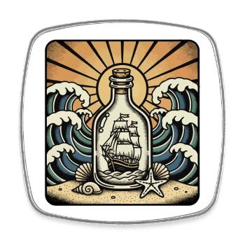 Retro Ocean Sun Waves Bottle Boat - Viereckiger Kühlschrankmagnet - Weiß - Vorne