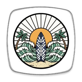 Surfboard Palm Trees Waves Ocean Badge Retro - Square fridge magnet - white - Front