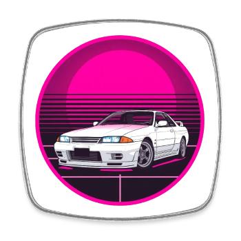 Retro JDM Drift Car Synthwave Pink Circle T-Shirt - Viereckiger Kühlschrankmagnet - Weiß - Vorne