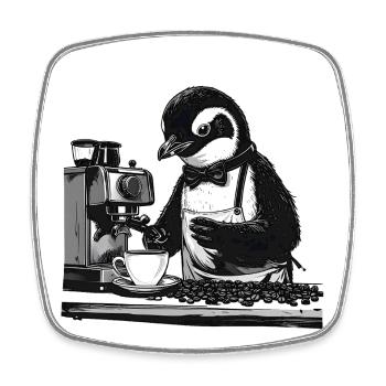 Kaffeepinguin Barista mit Fliege - Viereckiger Kühlschrankmagnet - Weiß - Vorne