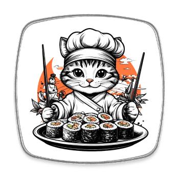 Cat en chef maître sushi - Magnet carré - blanc - Devant