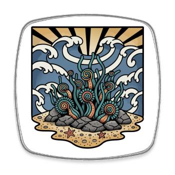 Algenkorallen Ozeanwellen Sonne Retro-Tattoo - Viereckiger Kühlschrankmagnet - Weiß - Vorne