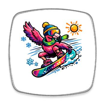Snowboard de flamant rose en pleine splendeur hivernale - Magnet carré - blanc - Devant
