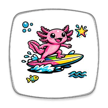 Pink Axolotl Surfer auf buntem Surfbrett - Viereckiger Kühlschrankmagnet - Weiß - Vorne