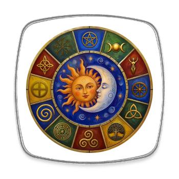 Celestial Pagan Sun Moon and Stars Wheel - Square fridge magnet - white - Front