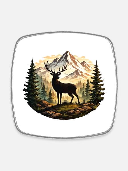 Deer silhouette in mountain forest - Square fridge magnet - white