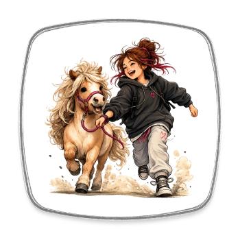 Poney et fille – Sur la route ensemble - Magnet carré - blanc - Devant