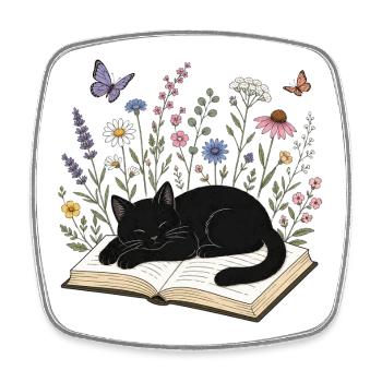 Eine schwarze Katze schläft auf einem Buch. - Viereckiger Kühlschrankmagnet - Weiß - Vorne