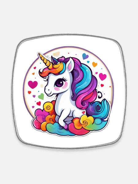 Rainbow Unicorn on Colorful Clouds - Square fridge magnet - white