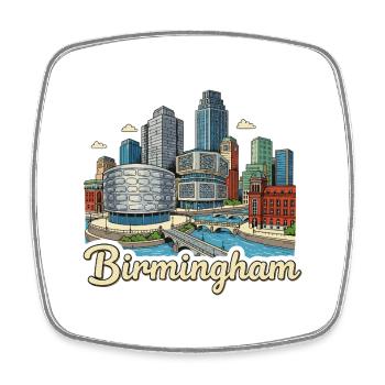 Birmingham Canal Skyline Retro Hand-Drawn Badge - Square fridge magnet - white - Front