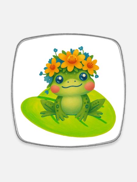 Cute frog with flower wreath - Square fridge magnet - white