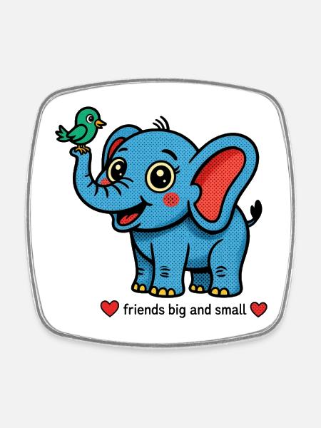 Elephant and bird – small and big friends - Square fridge magnet - white