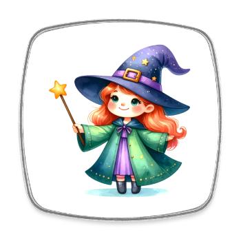 Petite fille en sorcière avec un bâton – Dessin de bande dessinée - Magnet carré - blanc - Devant