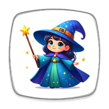 La Petite Sorcière avec une baguette magique – Personnage de bande dessinée Kawaii - Magnet carré - blanc - Devant