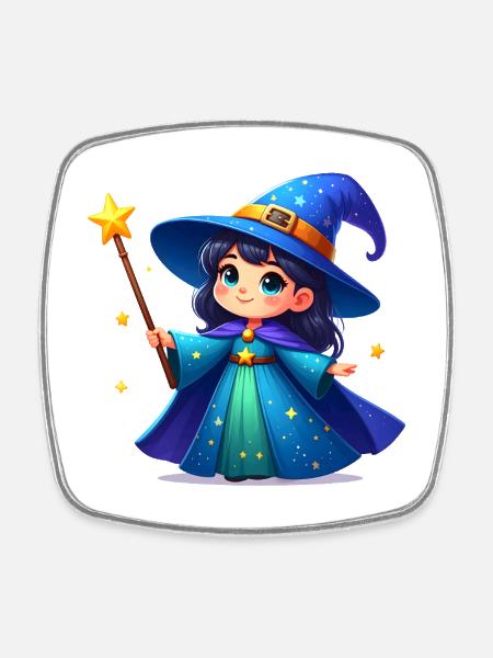 Little Witch with Magic Wand – Kawaii Comic Character - Square fridge magnet - white