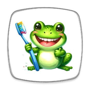 Grenouille verte avec brosse à dents – Personnage de bande dessinée Kawaii - Magnet carré - blanc - Devant