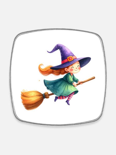 Little Witch Flying on Broom – Kawaii Comic Art - Square fridge magnet - white