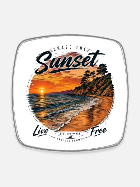 Sunset Liberty Coast and Waves - Square fridge magnet - white