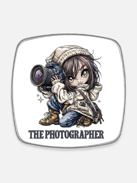 Little photographer with camera - Square fridge magnet - white