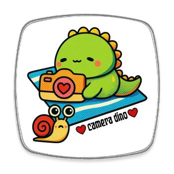 Dinosaure caméra avec un ami escargot - Magnet carré - blanc - Devant