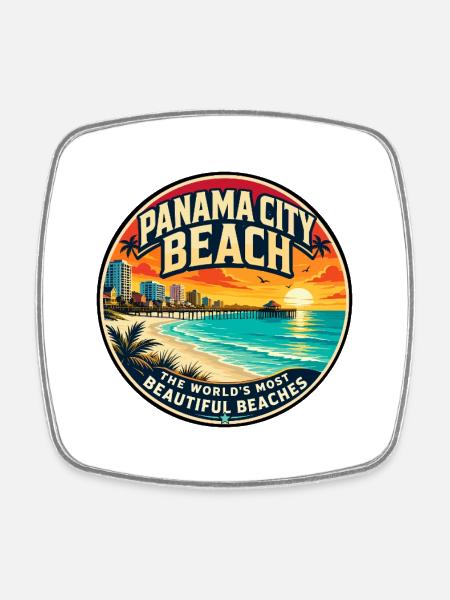 Panama City Beach Retro Sunset Pier Emblem - Viereckiger Kühlschrankmagnet - Weiß