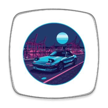 Harbor Run — Teal Roadster am Neon Port - Viereckiger Kühlschrankmagnet - Weiß - Vorne