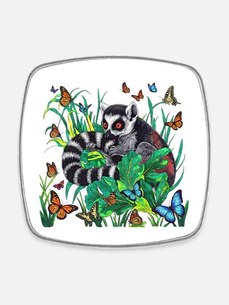 Lémurien de la jungle avec papillons Lémurien à queue annelée - Magnet carré - blanc