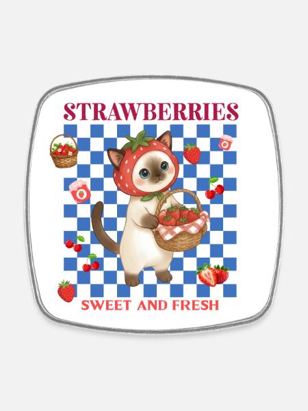 Strawberry Hood Cat Carrying a Strawberry Basket - Square fridge magnet - white