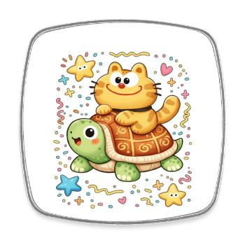 Kawaii Cat Rides Turtle - Square fridge magnet - white - Front
