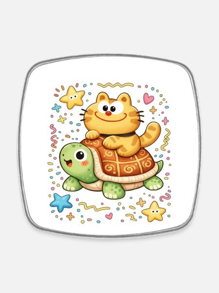 Kawaii Cat Rides Turtle - Square fridge magnet - white