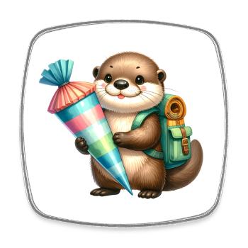 Loutre de Kawaii avec sacoche et cône d’école – École - Magnet carré - blanc - Devant