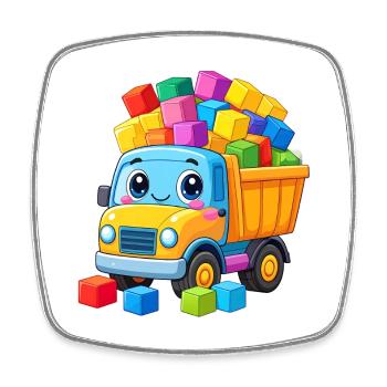 Kawaii LKW-Kipper mit vielen bunten Bausteinen - Viereckiger Kühlschrankmagnet - Weiß - Vorne