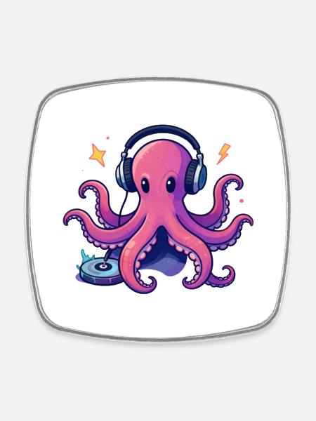 Octopus DJ with headphones on turntable - Square fridge magnet - white