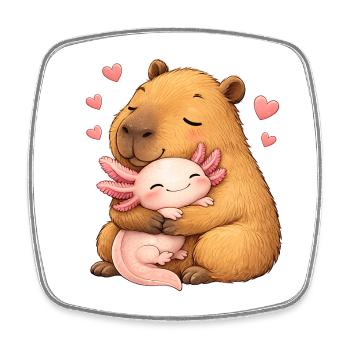Capybara with pink axolotl friend - loving hug - Square fridge magnet - white - Front
