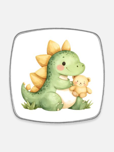 Little Kawaii Dino with Teddy Bear – Super Cute - Square fridge magnet - white