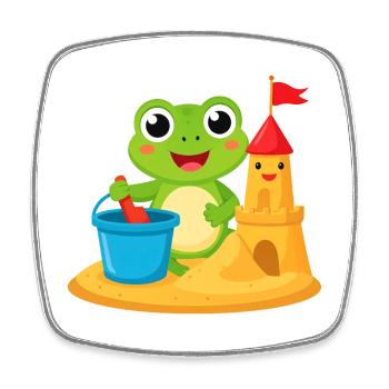 Grenouille Kawaii sur la plage avec seau et château de sable – Mignon - Magnet carré - blanc - Devant
