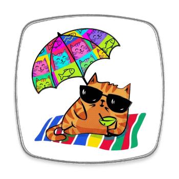 Chat cool en vacances avec parasol - Magnet carré - blanc - Devant