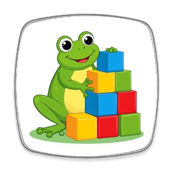 Green cartoon frog playing with colorful building blocks - Square fridge magnet - white - Front
