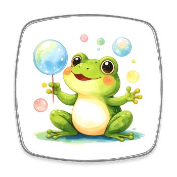 Green Kawaii Frog with Soap Bubbles – Cute - Square fridge magnet - white - Front
