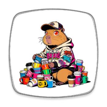 Capybara collectionneur de tasses - Magnet carré - blanc - Devant